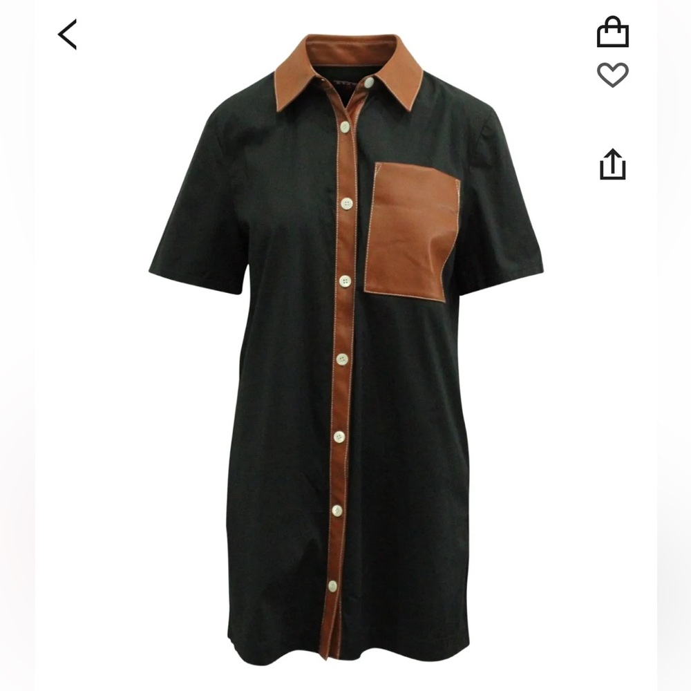 staud short sleeve black dress with whiskey brown leather trim and pocket